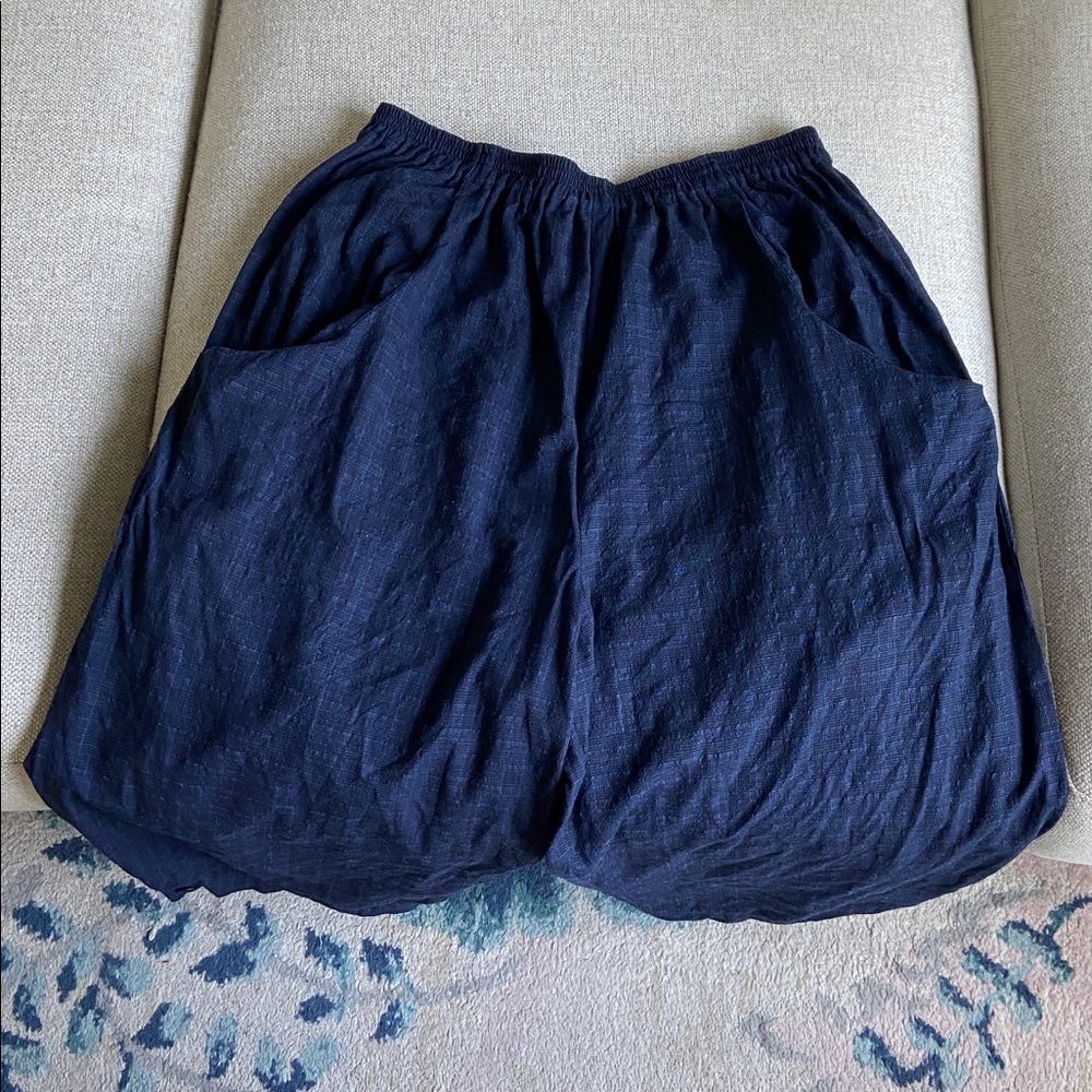 Eskandar Deep Blue Textured Capri Pants Wool and Linen Blend w Pockets Sz 10-12